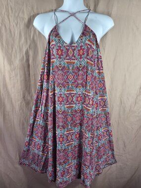 Ellos Women's Vibrant Pink & Blue Aztec Tribal Strappy Summer Maxi Dress Size 2X